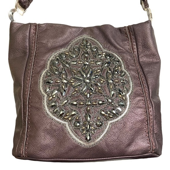 Brighton Purple Metallic Leather Anjulina Beaded Soft Bucket Bag Rare